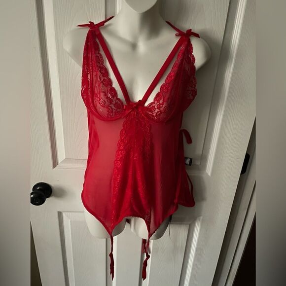 🆕 Red Lingerie Lace Basque Set Underwired w/Suspenders Matching G-String - Picture 2 of 13